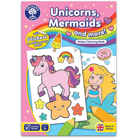 Orchard Toys - Carte de Colorat cu Activitati in Limba Engleza si Abtibilduri Unicorni, Sirene si Altele