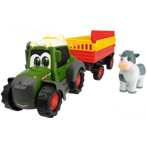 Dickie Toys - Tractor Happy Fendt Animal Trailer cu Remorca si Figurina Vaca
