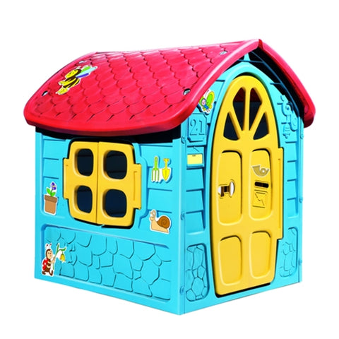 Casuta de joaca mare pentru copii Dohany, Albastra cu acoperis rosu, 5075K, 120x113x111 cm