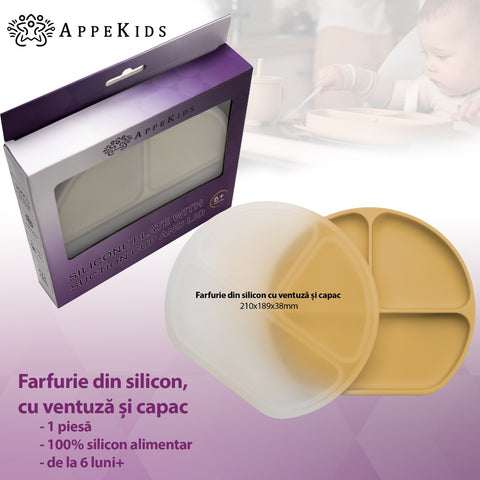 Farfurie compartimentata din silicon cu ventuza si capac, AppeKids - Honey