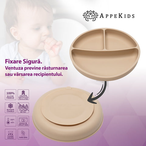 Farfurie compartimentata din silicon cu ventuza, AppeKids - Bubble Beige