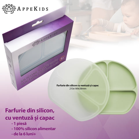 Farfurie compartimentata din silicon cu ventuza si capac, AppeKids - Raw Green