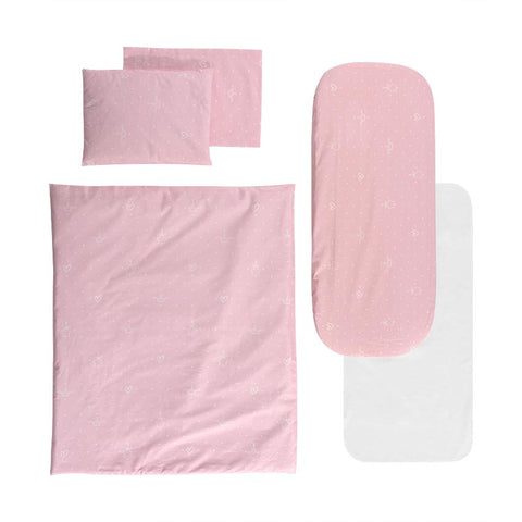 Set lenjerie pentru carucior, cu protectie impermeabila, 6 piese, Little Bear Pink