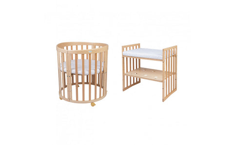 Set Patut Oval Evolutiv pentru Copii, Multifunctional, 7in1, cu Saltele, Baldachin, Lenjerie si Aparatori Laterale, Transformabil, Masa de Schimbat, Co-Sleeping, Tarc de Joaca, Birou, Scaune, Waldin, Natural, Echipament Alb cu Stelute, 8S1