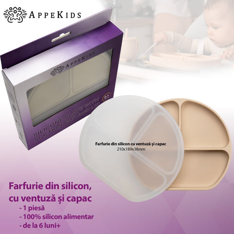 Farfurie compartimentata din silicon cu ventuza si capac, AppeKids - Bubble Beige