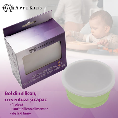 Bol din silicon cu ventuza si capac, AppeKids - Raw Green