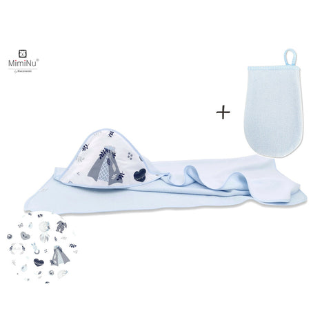 Set prosop mare cu gluga, MimiNu, Dimensiune 100x100 cm + Manusa de baie bebelusi, 12x21 cm, Materiale certificate Oeko Tex Standard 100, Baby Shower Blue