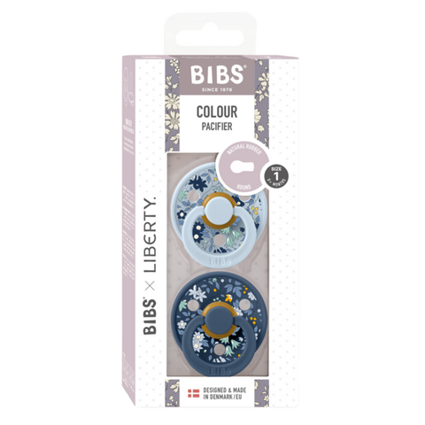 BIBS x LIBERTY - Set 2 suzete Colour Chamomile Lawn Latex, tetina rotunda, 0 luni+-Baby Blue/Steel Blue