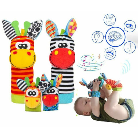 Botosei si bratari cu zornaitoare, Animalute dragute pentru bebelusi, Set 4 piese, 2 pentru maini si 2 pentru picioare, Jungle Wrist Rattle and Foot Finder