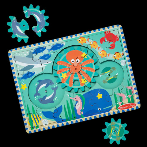 Puzzle educativ din lemn, cu rotite dintate, Oceanul, 8 piese, pentru copii 3 ani+, Melissa & Doug 31003