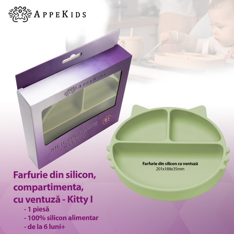 Farfurie compartimentata din silicon cu ventuza, AppeKids - Kitty - Raw Green