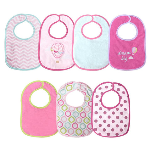 Set 7 bavete, bumbac si peva, 30x19 cm, inchidere cu banda velcro, Pink