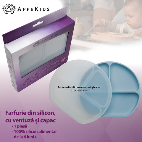 Farfurie compartimentata din silicon cu ventuza si capac, AppeKids - Aqua Blue