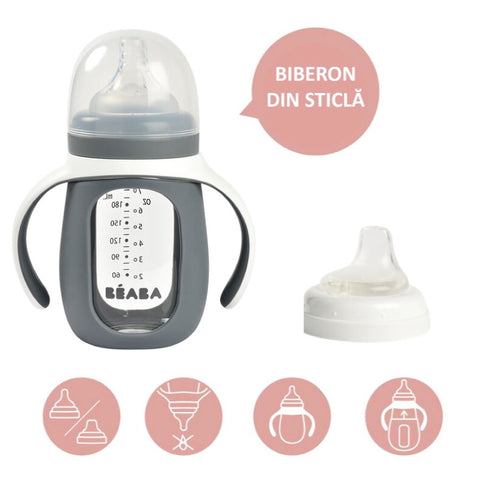 Biberon de invatare 2 in 1 din Sticla Beaba 210 ml Mineral Grey