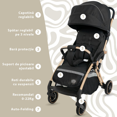 Carucior Sport AppeKids – Upp – Ultracompact, Pliere automata, De la nastere la 22kg - Jet Black