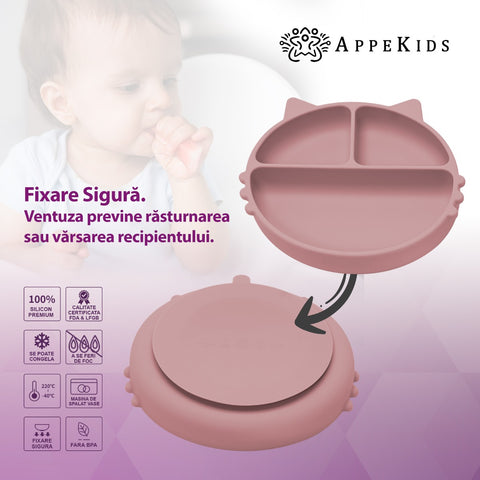 Farfurie compartimentata din silicon cu ventuza, AppeKids - Kitty - Old Rose