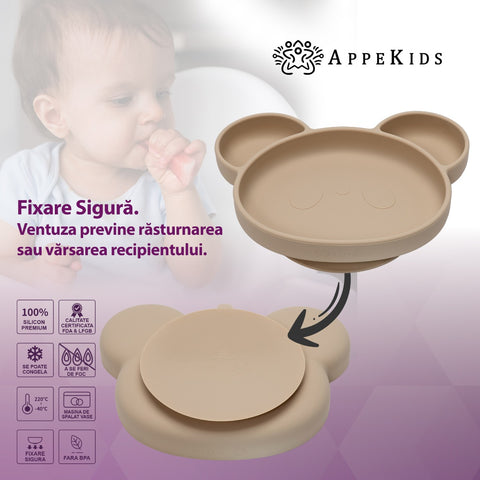 Farfurie din silicon cu ventuza, AppeKids, Panda - Bubble Beige