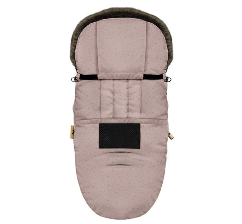 Sac de dormit de iarna pentru carucior cu centuri de siguranta in 5 puncte, cu blana detasabila, fermoare laterale, impermeabil si plus, umplutura fleece, 105x48cm, 0-36 luni, Sepia Rose