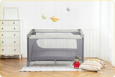 Patut pliabil pentru copii, 120 x 60 cm, Ricokids, RK-240, Grey, 2 roti blocabile, intrare laterala, buzunar, husa, sarcina 15 kg