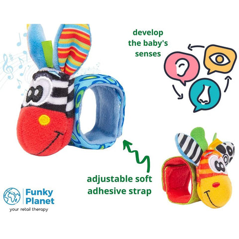 Botosei si bratari cu zornaitoare, Animalute dragute pentru bebelusi, Set 4 piese, 2 pentru maini si 2 pentru picioare, Jungle Wrist Rattle and Foot Finder