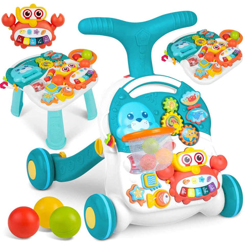 Antemergator interactiv cu 4 roti, transformabil in Masuta interactiva pentru activitati, cu panou de jucarii, sunete cu reglarea volumului, Ricokids 3in1 Albastru