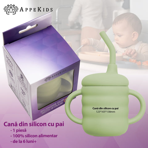 Cana din silicon cu pai, AppeKids - Raw Green