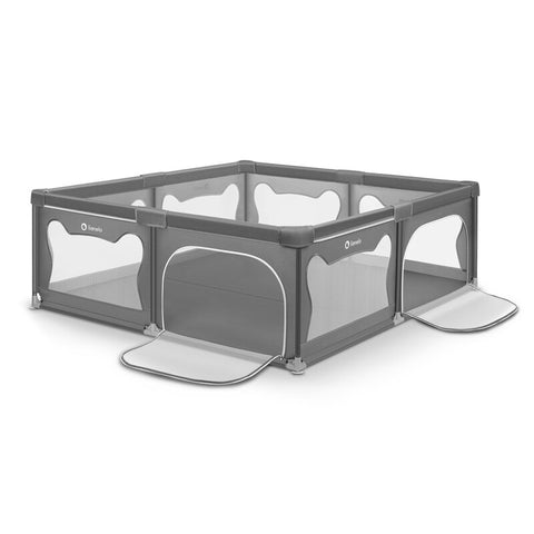 Tarc de joaca copii, Lionelo, Willow XL,180 x 200 cm, Pliere compacta, Include geanta de transport, Din plasa, Cu doua intrari laterale si fermoar, Cu ventuze pentru stabilitate, Conform cu EN 12227:2010, Gri