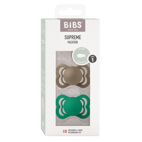 BIBS - Set 2 suzete Supreme Silicon, tetina simetrica, 0 luni +-Dark Oak/Evergreen