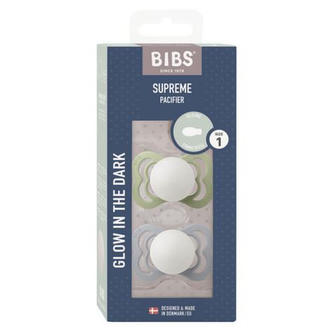 BIBS - Set 2 suzete Supreme Fosforescente GLOW Silicon, tetina simetrica, 0 luni +-Sage/Cloud