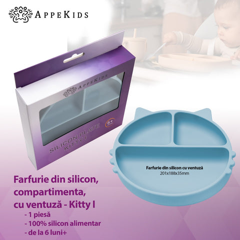 Farfurie compartimentata din silicon cu ventuza, AppeKids - Kitty - Aqua Blue