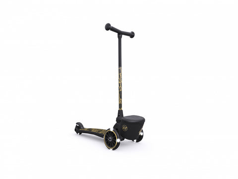 Pachet: Trotineta copii pliabila cu roti luminoase, suport jucarie, Highwaykick 2 Black Gold Limited, 2 ani +, pana la 50 kg, Scoot Ride si Casca S-M, 51-55 cm, 3 ani+