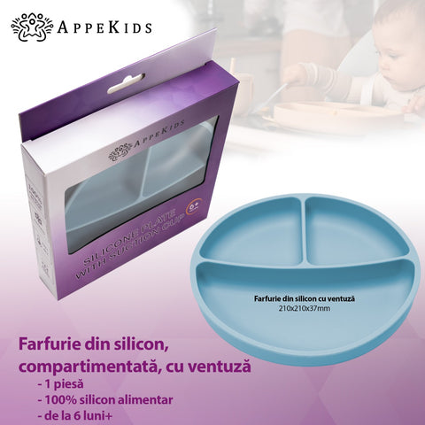 Farfurie compartimentata din silicon cu ventuza, AppeKids - Aqua Blue