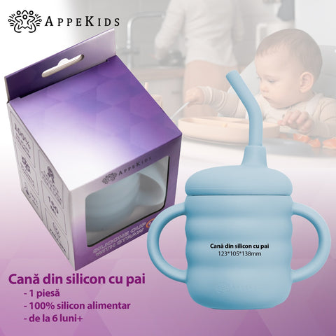 Cana din silicon cu pai, AppeKids - Aqua Blue