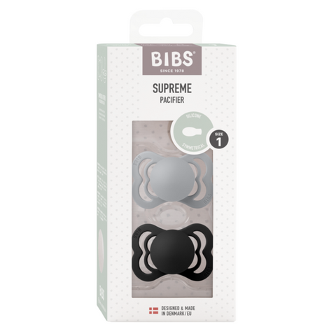 BIBS - Set 2 suzete Supreme Silicon, tetina simetrica, 0 luni +-Cloud/Black