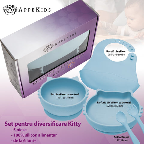 Set Diversificare, AppeKids, 100% Silicon, Kitty - Aqua Blue