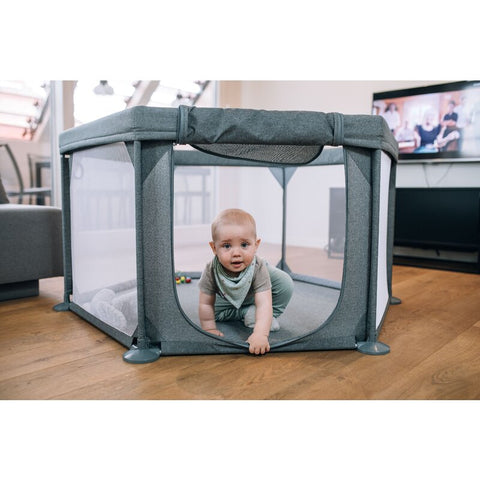 Tarc de joaca, FreeON, Hexagonal, Pentru bebe, Cu 4 manere, Intrare cu fermoar, Cu geanta de transport, 117 x 67 x 67 cm, Grey