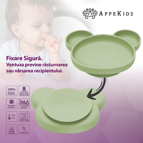 Farfurie din silicon cu ventuza, AppeKids, Panda - Raw Green