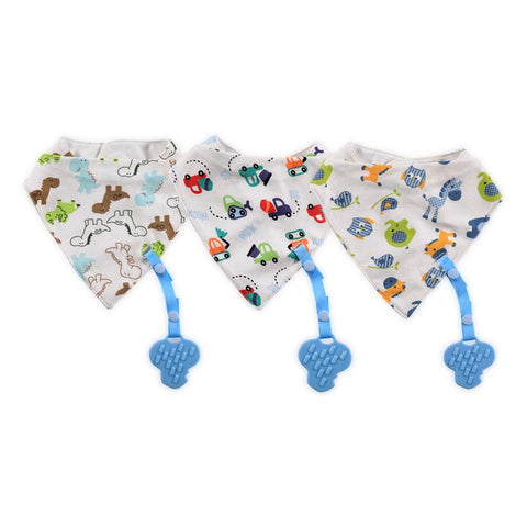 Baveta tip bandana, cu snur si jucarie dentitie, bumbac, Blue