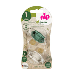 Set 2 suzete Cherry Green Boy cu tetina din latex natural, forma rotundă, cu inel, 0-6 lun...