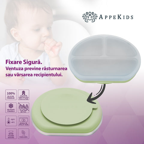 Farfurie compartimentata din silicon cu ventuza si capac, AppeKids - Raw Green