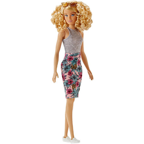 Mattel - Papusa Barbie Fashionista cu Par Cret, Top Mulat si Fusta Conica