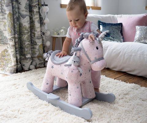 Little Bird Told Me - Celeste Fae Rocking Unicorn Toy, Ride On Unicorn, pentru copii de peste 9 luni, Jucarie moale Unicorn cu balansoare din lemn, tesaturi senzoriale pentru fetite