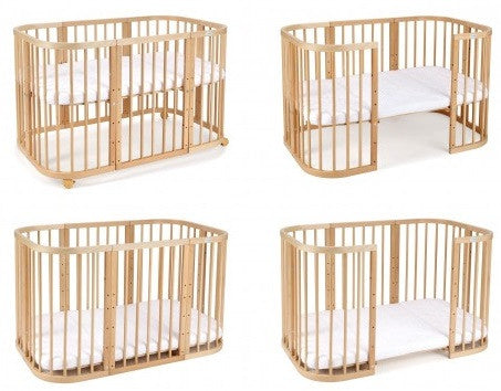 Set Patut Rotund Evolutiv pentru Copii, Multifunctional, 7in1, cu Saltele, Baldachin, Lenjerie si Aparatori Laterale, Transformabil, Masa de Schimbat, Co-Sleeping, Tarc de Joaca, Birou, Scaune, Waldin, Natural, Echipament 8S1