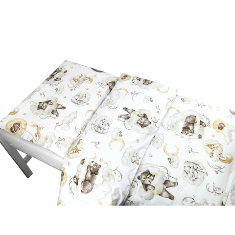 Lenjerie patut junior cu 2 piese, Qmini, Din bumbac certificat Oeko Tex Standard 100, 140 x 200 cm, Teddy Bear and Friends Beige