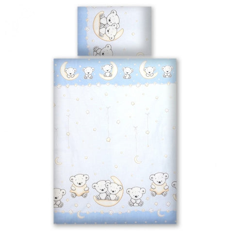 Set lenjerie din bumbac cu protectie laterala pentru pat bebe 120 x 60 cm, Ursulet pe luna Albastru, Amy