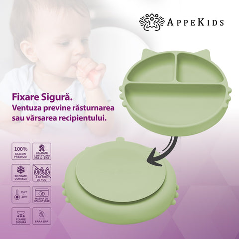 Farfurie compartimentata din silicon cu ventuza, AppeKids - Kitty - Raw Green