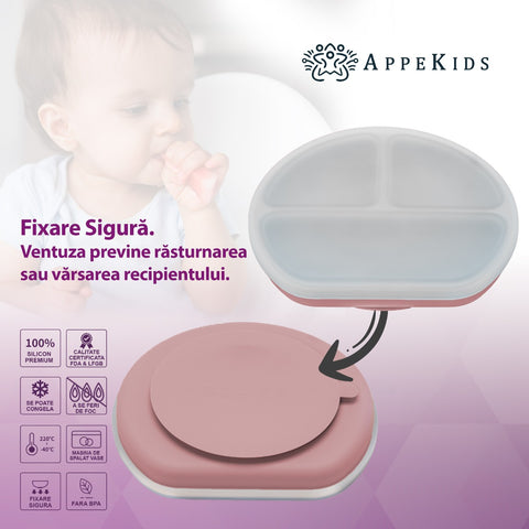 Farfurie compartimentata din silicon cu ventuza si capac, AppeKids - Old Rose