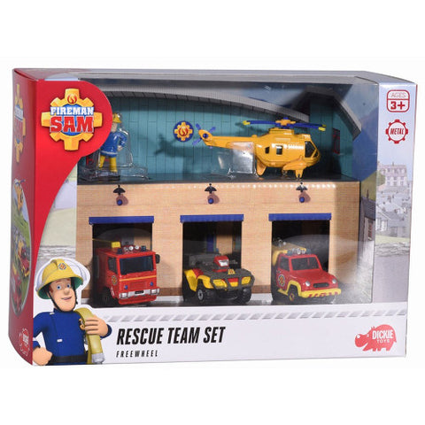Dickie Toys - Pista de Masini Fireman Sam, Sam Fire Rescue Team cu 3 Masinute, 1 Elicopter si 1 Figurina