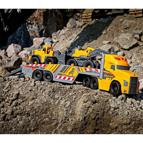 Dickie Toys - Set Camion Mack Volvo Heavy Loader Truck cu Remorca, Buldozer si Camion Basculant