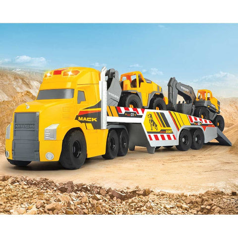 Dickie Toys - Set Camion Mack Volvo Heavy Loader Truck cu Remorca, Buldozer si Camion Basculant